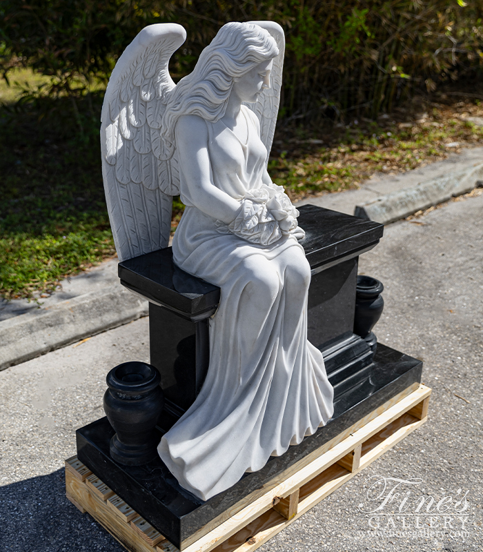 Marble Memorials  - White Marble Angel With Black Granite Bench And Urns - MEM-519